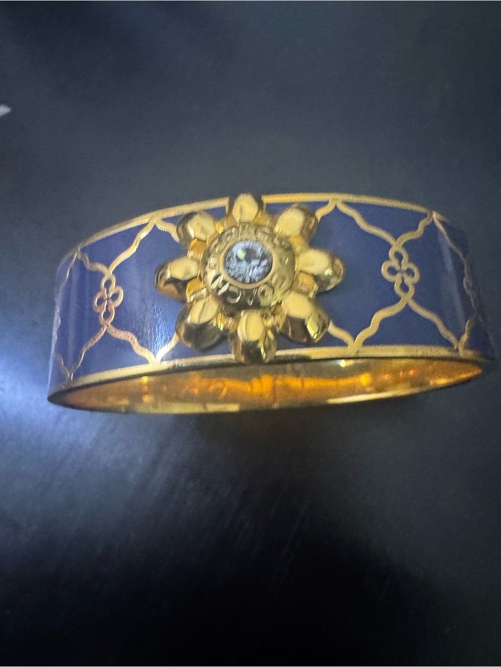 Coach Gold-Tone Metal with Navy Enamel Flower Hinged Bangle with Crystal Center